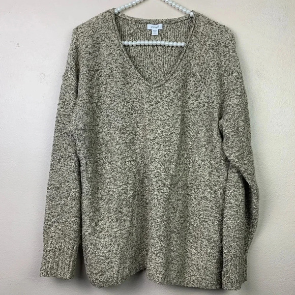 J. Jill Knit Sweater Ribbed Pull Over V Neck Marled Tan Cozy Oversized Fall - Picture 1 of 6